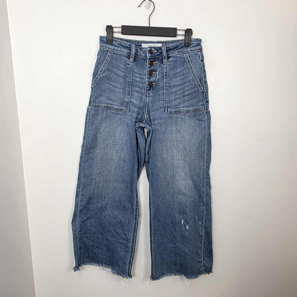 Hidden Medium Wash Distressed Wide Leg Raw Hem High Rise Cropped Jeans Size 24